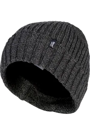Heat Holders Mens Ribbed Knit Fleece Lined Insulated Warm Turn Over Cuff Thermal Winter Beanie Hat - Nylon - Size UK 6-11