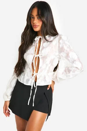 Boohoo Womens Burnout Volume Sleeve Tie Front Blouse - - Size 12 UK