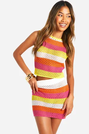 Boohoo Womens Stripe Crochet Knitted Mini Skirt - - Size Medium
