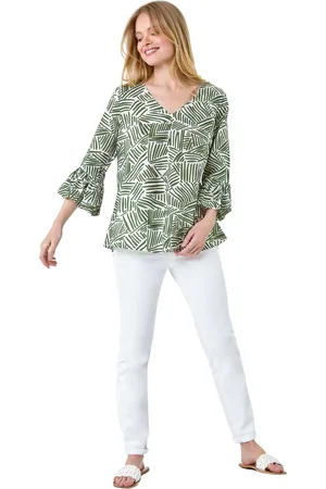 Roman Womens Abstract Print V-Neck Frill Detail Top - - Size 12 UK