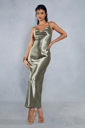 MissPap Womens Metallic Satin Cowl Neck Split Leg Maxi Dress - - Size 14 UK