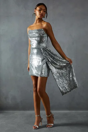 MissPap Womens Sequin Corseted Bandeau Draped Bodycon Mini Dress - - Size 14 UK