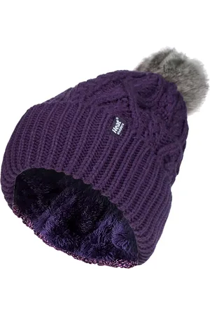 Heat Holders Womens Ladies Ribbed Cuffed Pom Pom Bobble Beanie Hat with Fleece Lining - - One Size