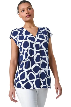 Roman Womens Circle Ring Print V-Neck Stretch Top - - Size 10 UK