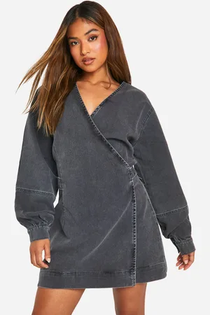 Boohoo Womens Petite Volume Sleeve Denim Wrap Dress - Cotton - Size 8 UK