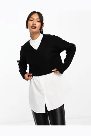 AllSaints Womens AllSaints Donna 2-in-1 crop knitted jumper and shirt in black and - Size X-Small