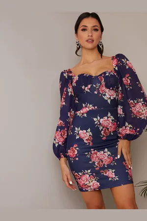 Chi Chi London Womens Balloon Sleeve Floral Bodycon Mini Dress in - Size 12 UK