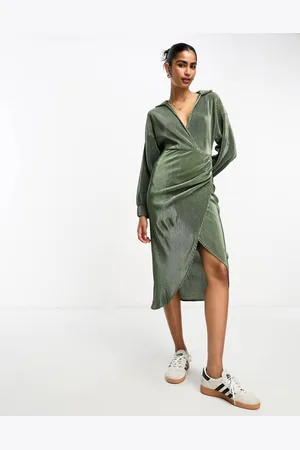 ASOS Womens plisse wrap collared midi dress in -Green - Size 4 UK