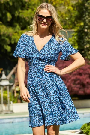 Sosandar Womens Blue Leopard Print Angel Sleeve Wrap Dress - - Size 10 UK