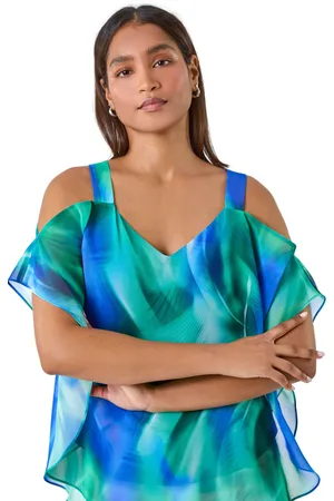 Roman Womens Abstract Print Cold Shoulder Overlay Top - - Size 10 UK