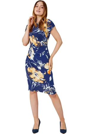 Roman Womens Fitted Textured Floral Print Ruched Dress - - Size 20 UK