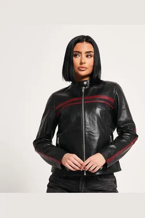 Barneys Originals Womens Real Leather Stripe Biker Jacket - - Size 12 UK