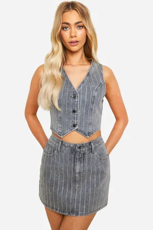 Boohoo Womens Diamante Denim Mini Skirt - Cotton - Size 14 UK