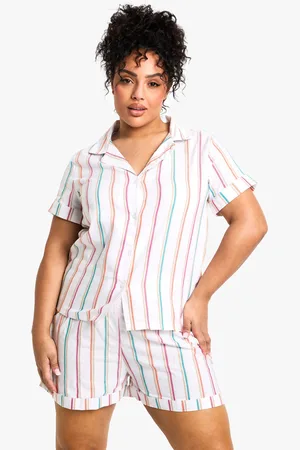 Boohoo Womens Plus Cotton Poplin Multi Stripe Shirt And Short Pyjama Set - - Size 22 UK