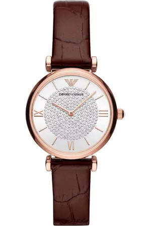 Emporio Armani WoMens Brown Steel and Leather Quartz Watch - - One Size