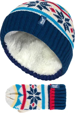 Heat Holders Kids Boys Winter Knitted Thermal Fleece Lined Cuffed Beanie Hat and Mittens Set - CNM2P5 - - Size 4-6Y