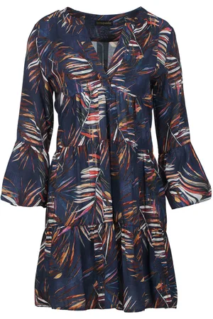 Conquista Womens Leaf Print A Line Dress with Bell Sleeves - - Size Large