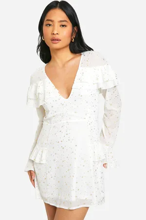 Boohoo Womens Petite Star Ruffle Detail Plunge Mini Dress - - Size 12 UK