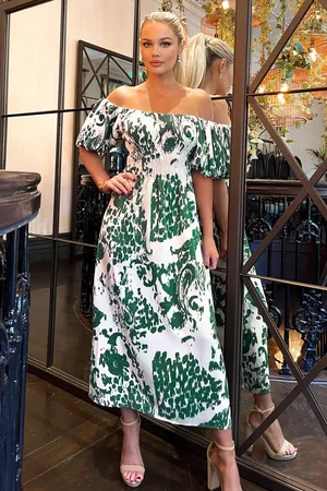 Ax Paris Womens and Green Printed Elasticated Waist Bardot Midi Dress - Size 10 UK
