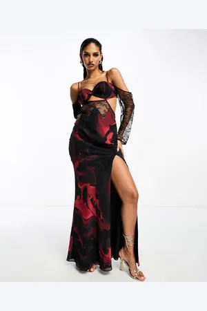 ASOS Womens corset detail cold shoulder maxi dress with lace inserts in abstract floral print-Multi - - Size 10 UK