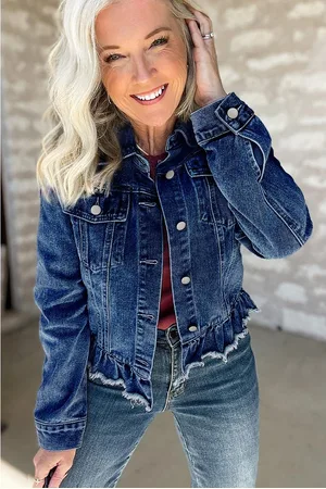 Azura Exchange Womens Blue Ruffle Raw Hem Flap Pockets Denim Jacket Cotton - Size Small