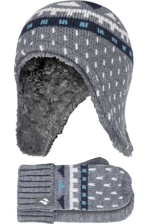 Heat Holders Boys Outdoor Faux Fur Pom Pom Hat with Ear Flaps & Mittens Gloves - Pebble Melange - - Size 4-6Y