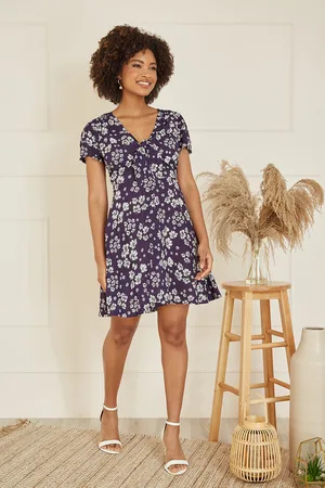 Mela Womens Floral Mini Skater Dress With Tie Front Cotton - Size 10 UK