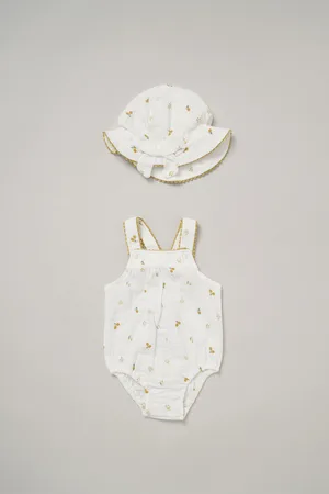 Rock a bye baby Printed Romper and Hat Outfit Set - - Size 9-12M