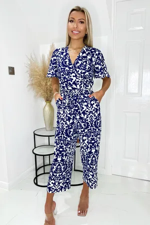 Ax Paris Womens and Cream Printed Wrap Top Short Sleeve Belted Jumpsuit - Size 12 UK