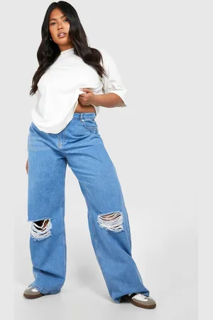 Boohoo Womens Plus Acid Wash Ripped Wide Leg Jeans - Cotton - Size 28 UK