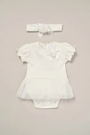 Rock a bye baby Rose Ribbon Detail Tutu Bodysuit and Headband Outfit Set - - Size 0-3M