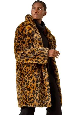 Roman Womens Premium Animal Print Faux Fur Coat - Faux Leather - Size 12 UK