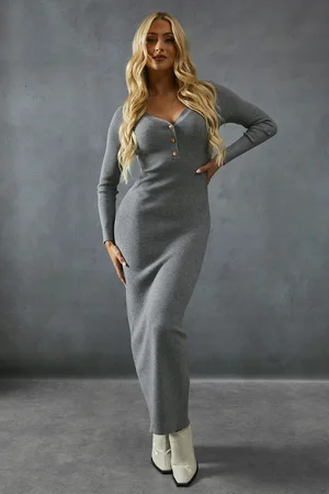 MissPap Womens Knitted Gold Trim Detail Plunge Bodycon Midaxi Dress - viscose - Size Small/Medium