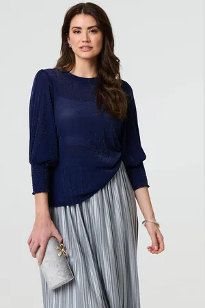 Izabel London Womens Sparkly 3/4 Puff Sleeve Mesh Top - Size 8 UK
