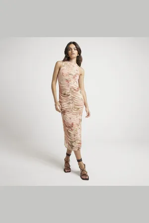 River Island Womens Bodycon Midi Dress Mesh Floral Ruched - Size 6 UK