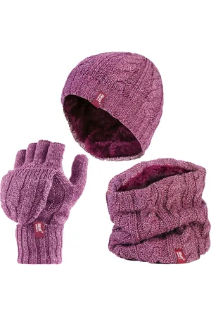 Heat Holders Womens Thermal Winter Fleece Hat, Neck Warmer and Converter Gloves set - Rose - - One Size