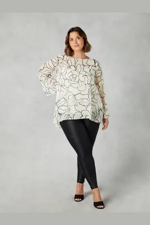 Live Unlimited London Womens Stone Floral Print Chiffon Asymmetric Top - - Size 14 UK