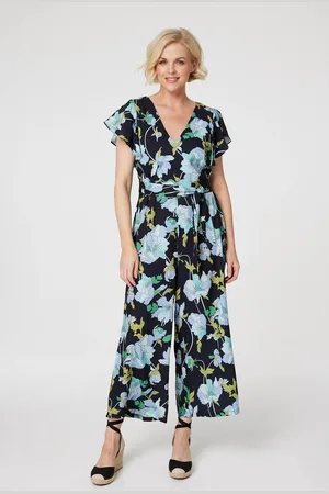 Izabel London Womens Floral Cropped Wide Leg Jumpsuit Satin - Size 10 UK