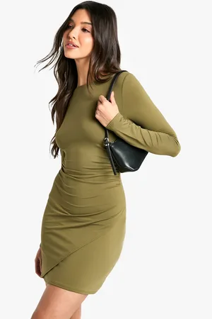 Boohoo Womens Slash Neck Long Sleeve Ruched Waist Shift Dress - - Size 16 UK
