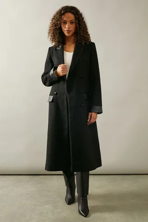 wallis Womens Faux Leather Detail Wool Belted Coat - - Size 16 UK