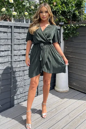 Ax Paris Womens Wrap Top Belted Short Sleeve Plisse Mini Dress - Size 8 UK