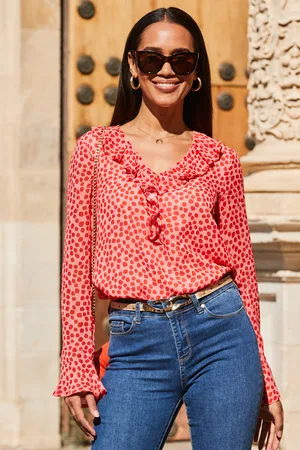Sosandar Womens Spot Print Ruffle Sleeve Fluted Cuff Blouse Denim - Size 6 UK