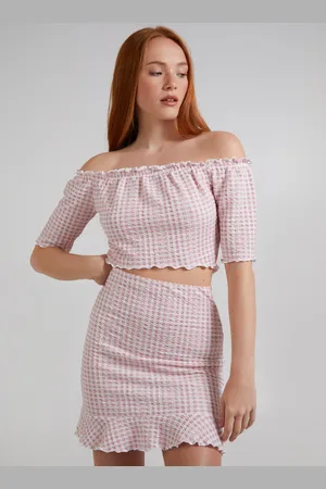 Pink Vanilla Womens Frill Detail Gingham Bardot Top - Size Large