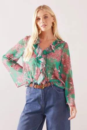 wallis Womens Petite Floral Double Ruffle Blouse - - Size 10 UK