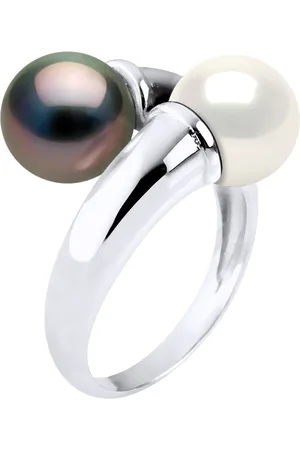 Diadema Womens - Ring You & Me - Real Freshwater Pearls and Tahitian - White - Silver - Size K