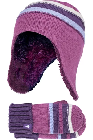 Heat Holders Girls Winter Warm Pom Pom Bobble Beanie Hat and Mittens Set - Violet - Size 4-6Y