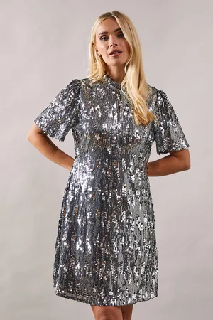 wallis Womens Petite Occasion Sequin High Neck Shift Dress - - Size 16 UK