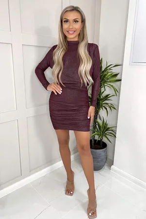 Ax Paris Womens Plum Long Sleeve Ruched High Neck Shimmer Bodycon Mini Dress - - Size 16 UK