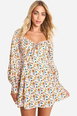 Boohoo Womens Floral Crochet Trim Puff Sleeve Milkmaid Skater Dress - - Size 8 UK