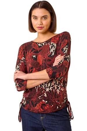 Roman Womens Leaf Print Side Tie Stretch Top - - Size 20 UK